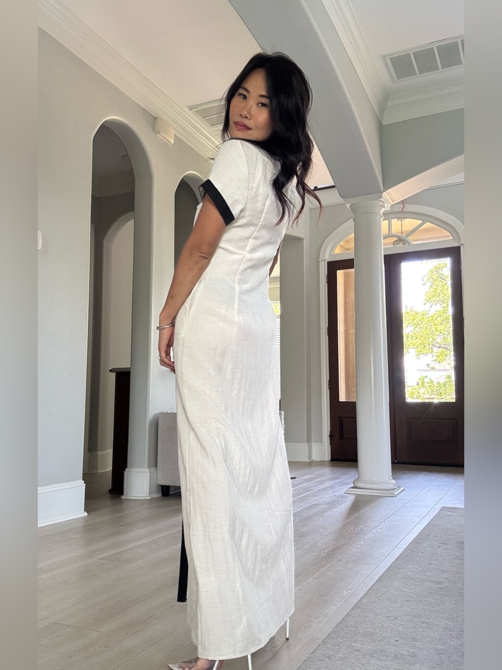 ✨COMMENSE Cotton & Linen High-Slit Contrast Trim Dress Black and White✨ - Picture 3 of 10